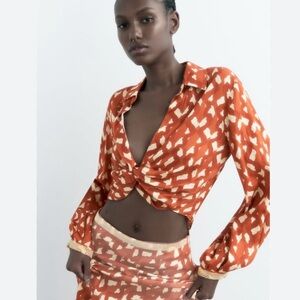 Zara printed cropped knot beaded cuff blouse NWT